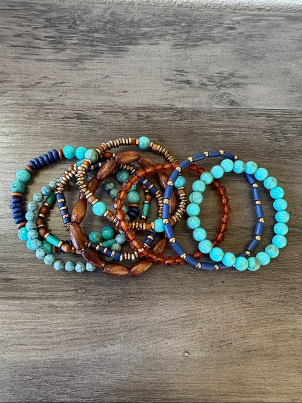 Lot of 9 Turquoise and Amber Beaded Elastic Bracelet Stack - Women Jewelry
